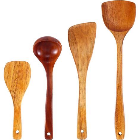 Lot de 4 spatules en bois antiadhésives pour riz, longues, avec cuillère et pelle. Ustensiles de cuisine pour la cuisson à la main. (1/5)