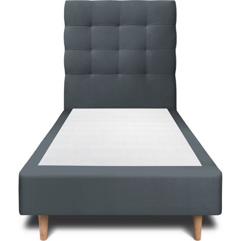 Lit 90x200cm avec tête de lit capitonnée velours et sommier tapissier gris anthracite - Hauteur totale : 35cm (1/4)