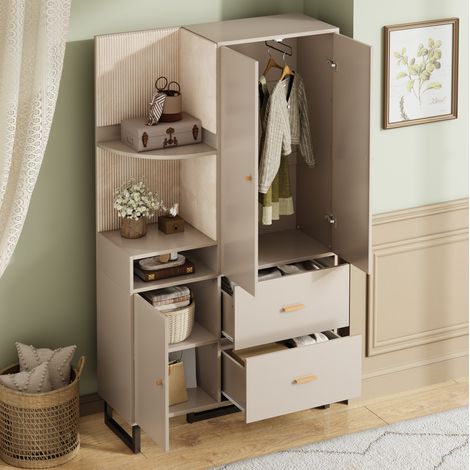 Kompaktgarderobe 110x38x186 cm greige aus MDF mit gepolsterten Paneelen und Soft-Close (1/5)