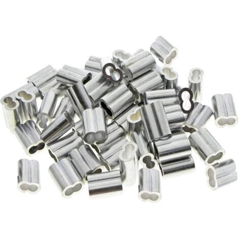 50 Pieces Aluminum Double Sleeves, 3mm Steel Cable Sleeves, Aluminum Crimping Loop Sleeve Clips with Double Ends, for Steel Cables, Wire Rope, Silver (3mm (1/5)