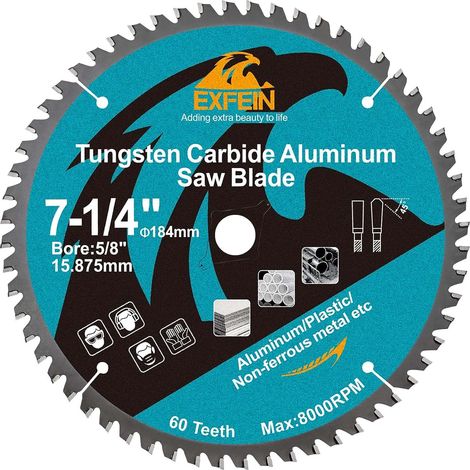 Disque de coupe pour métaux 184 mm pour aluminium non ferreux 60 dents avec pointe en carbure de tungstène avec trou de 15,875 mm (1/5)