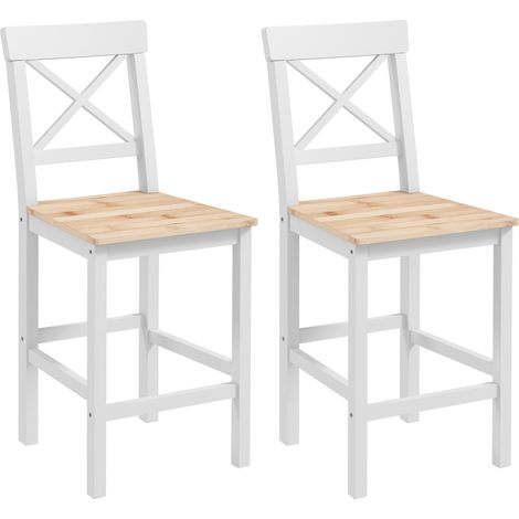 Set di 2 Sgabelli Bar, Sgabelli Cucina Alti con Schienale Alto, Poggiapiedi, in Legno di Pino, Naturale e Bianco