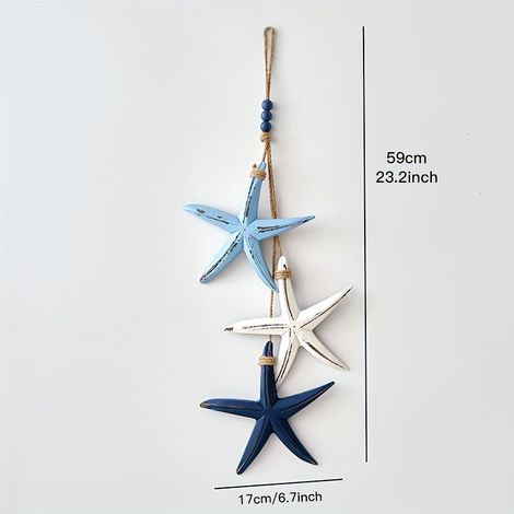 3 pièces Suspendu mural décoratif en bois style méditerranéen : étoile de mer et poisson, décoration maison thème océan, objet artisanal pour maison de plage, décoration de vie côtière (1/4)