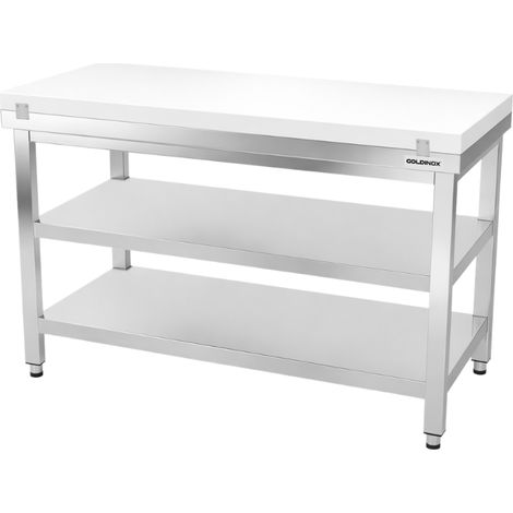 Table de travail en inox 1400x700 mm avec plaque de découpe blanche et 2 étagères PREMIUM - GOLDINOX (1/4)