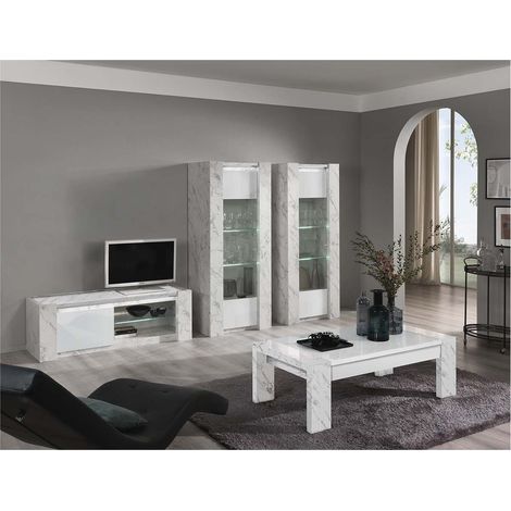 PRAVA - Ensemble Salon Complet Blanc et Effet Marbre Meuble TV et Vitrines avec Leds + Table Basse (1/5)