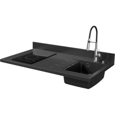 Plan de travail monobloc PlaniQuartz avec évier - 120 cm - Nero - évier à droite - Plaque de cuisson Vitrocéramique