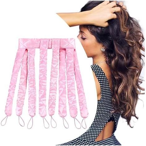 Pinkfarbene, hitzefreie Seidenwickler, neues und verbessertes Modell, hitzefreies Lockenband für langes Haar, sanfte Locken mit abnehmbarem und verstellbarem System, perfekt für goldene Anlässe (1/5)