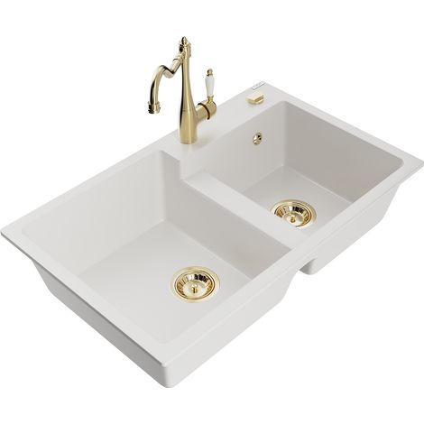 Mexen Tomas fregadero de granito de 2 senos con grifo de cocina Carla, blanco - 6516-20-670700-50 (1/5)