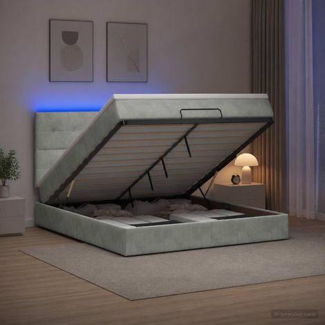 Cama tipo otomana con colchón y LED Gris Claro 160 x 200 cm (1/5)