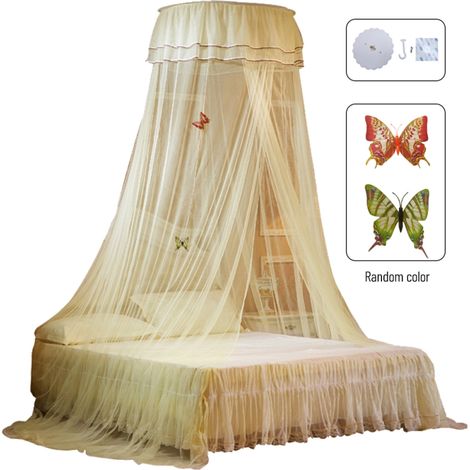 Dosel de cama universal con forma de cúpula y una entrada, cortina de encaje de malla fina estilo princesa, decoración de dormitorio de fácil montaje, color beige. (1/5)