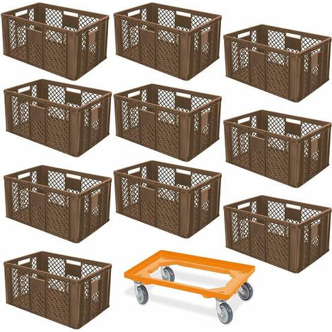 BRB Lot économique de 10 bacs empilables Euro Plus avec roulettes de transport, 600 x 400 x 320 mm, qualité industrielle, convient à un usage alimentaire, marron