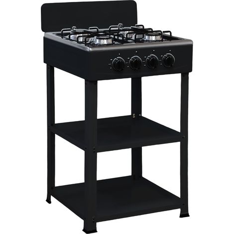 Marvin Fornello a Gas 4 Fuochi da Campeggio Piano Cottura con Supporto 2 Ripiani in Acciaio Cucina da Esterno Portatile Piastra Inox Nero (1/4)