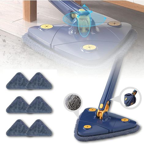 Chiffon de nettoyage bleu, balai triangulaire pivotant 360°, set serpillière triangle avec essorage, frange sol 6 rechanges, pour parquet, carrelage, vitres et sols (1/5)
