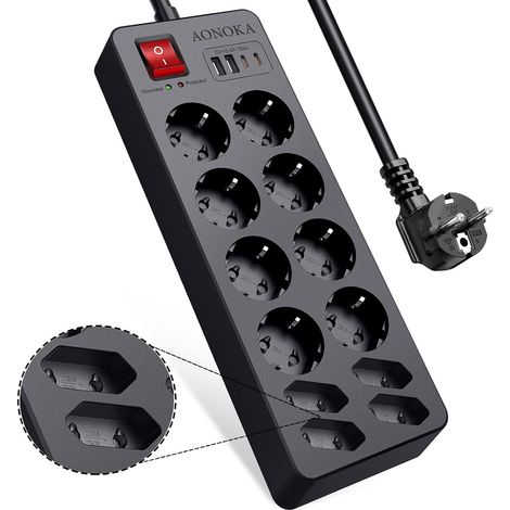 Multiprise 12 Prises avec USB C, Bloc Multiprises Parafoudre et Surtension  Prise Multiple Murale Anti Foudre avec Interrupteur, Power Strip Protection Enfant, Rallonge Electrique 1,5m Cable, Noir (1/5)