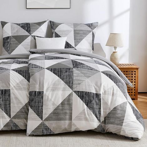 Bettwäsche-Set 3-teilig 155x220cm Grau Kariert Geometrisch Mikrofaser mit Reißverschluss