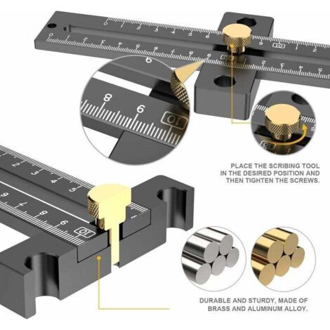 Règle Carré en T, Règle de Trou Marquage du Bois Jauge de Traçage Ligne Menuisier Charpentier avec Échelle de 180MM Travail du Bois, Alliage d'aluminium, Noir
