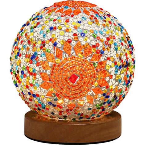 Lampe de table en verre mosaïque – Orange – Base bois – 3 couleurs dimmables – USB – Chevet (1/3)