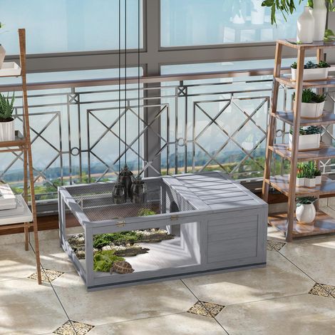 Maison Tortue Toit Maille Panneaux Latéraux Transparents Amovibles Bois Gris 91x60,5x32cm