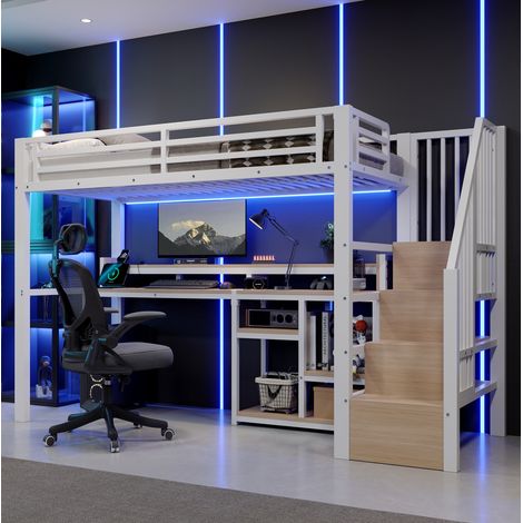 Hochbett 90x200 cm Weiß aus Metall und MDF mit Leiterschrank, Ablage, USB-C und LED-Lichtleiste (1/5)