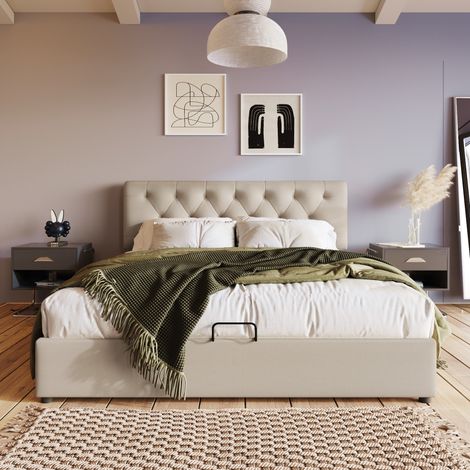 Lit double rembourré 160 x 200 cm avec fonction rangement gris (1/5)