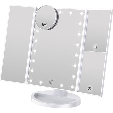 Makeup mirror with adjustable brightness, 22 LEDs and 1X/2X/3X magnification, dual power supply (white) (1/5)