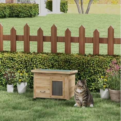 Maison pour chat 57x45x43 cm en bois naturel, toit incliné, résistante pour extérieur – MEUBLIV (1/5)