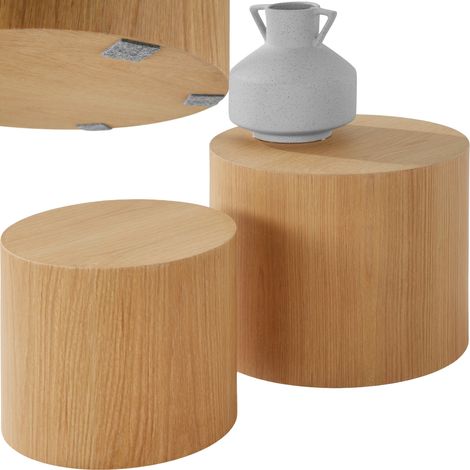 Ensemble de 2 tables basses rondes aspect bois chêne (1/5)