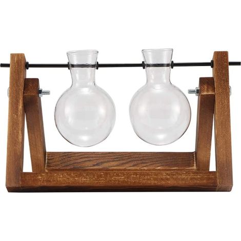 Terrarium en bois avec support, vase en verre de bureau pour bulbe et support pivotant en métal pour plantes hydroponiques - Décoration intérieure (1/5)