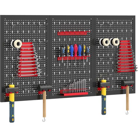 Pour outils d'atelier : Panneau perforé mural porte-outils pour garage, 3 éléments en acier noir et rouge avec 16 crochets (1/5)
