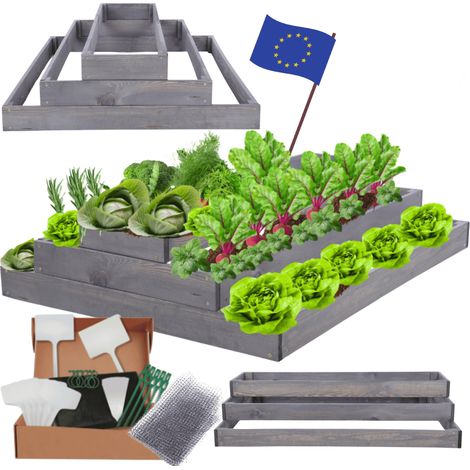MODO24 ZP09 Carré potager surélevé en escalier modulable, bois de pin, herbes/légumes, jardin/terrasse/balcon, 27x117x120 cm, gris