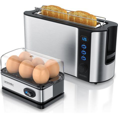 Arendo Frühstücks-Set, 6er Eierkocher + 2-Scheiben Langschlitz Toaster FRUKOST, Silber (1/5)