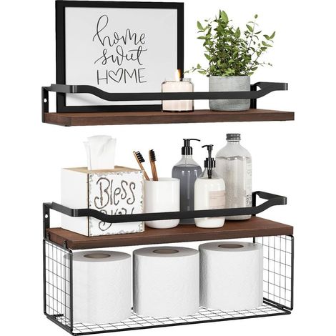 Floating shelf with wire storage baskets, wooden wall shelf for bathroom, bedroom, living room, toilet paper holder – Dark brown (1/5)