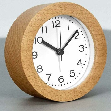 Runder Wecker aus Holz, 7,6 cm Durchmesser, arabische Ziffern, geräuschlos, Hintergrundbeleuchtung, batteriebetrieben, Naturfinish (1/2)