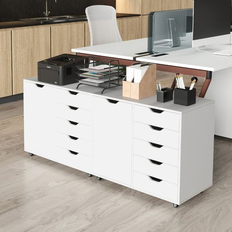 Classeur de Bureau à 5 Tiroirs avec Porte Classeur Mobile en Bois avec Étagère Réglable Classeur Latéral Roulant avec 5 Roulettes Blanc
