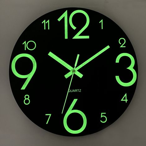 RHG 30cm Horloge Murale Lumineuse - Pendule Murale Fluorescente Silencieuse - Grande Horloge Murale Décorative pour Cuisine, Bureau, Chambre à Coucher (Noir)