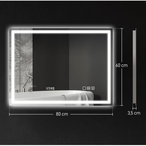 LED-Badezimmerspiegel 80x60 cm mit Bluetooth, Uhr, Antibeschlag und Touch (1/3)