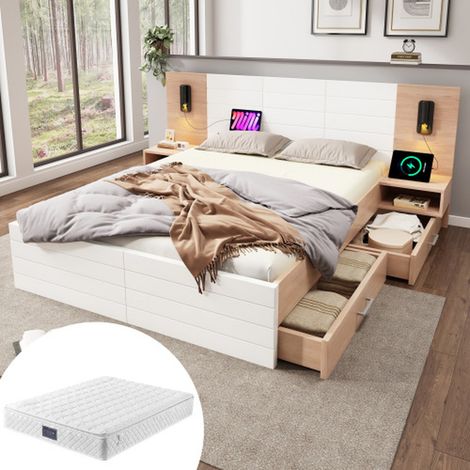 Lit double 140x200 avec 2 tiroirs, tête de lit LED, USB, 2 tables de nuit, cadre bois blanc, avec matelas (1/5)