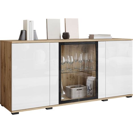Aparador Torcame 102, Roble wotan + Blanco brillante, 70x150cm, Número de puertas: 040cm, Aglomerado laminado, Vidrio templado, LED