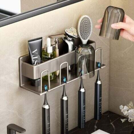 NALOOKAMIC  Porte-brosse à dents Space en aluminium, support mural de salle de bain pour dentifrice avec 4 tasses, gris