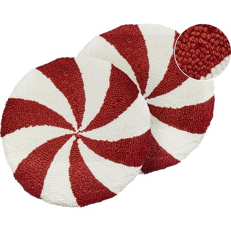 Set di 2 cuscini decorativi Cuscino rotondo in tessuto ricamato 40 cm a vortice bianco e rosso Candy