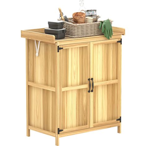 Gartenhäuschen aus Holz mit 2 Türen, Ablage und aufklappbarem Dach, 74 x 43 x 88 cm, Naturholz-Gartenhäuschen
