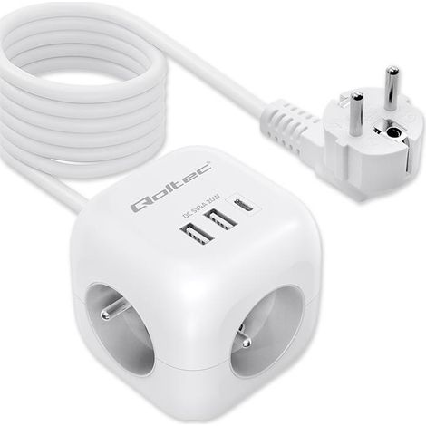 Multiprise Qoltec 6-en-1 avec interrupteur lumineux 3 prises secteur 2 ports USB 1 port USB-C PD 20 W Blanc Câble de 2 m (1/5)