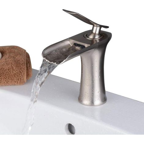 Mitigeur pour Lavabo Robinet à monocommande avec Bec cascade pour cuisine et salle de bain en Laiton,Brossé (1/5)