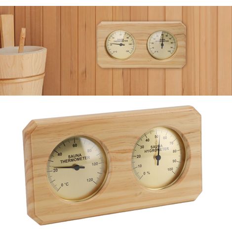 Thermomètre Hygromètre Sauna en Bois Massif Cadre Doré Double Affichage Mural Intérieur pour Maison (1/5)