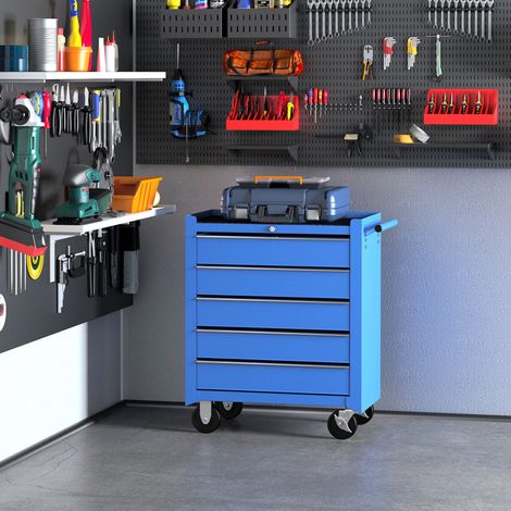 Chariot d'atelier à roulettes avec 5 tiroirs, acier bleu, verrouillable, 100 kg, rangement mobile pour outils de garage et d'atelier  CHICFURN (1/5)