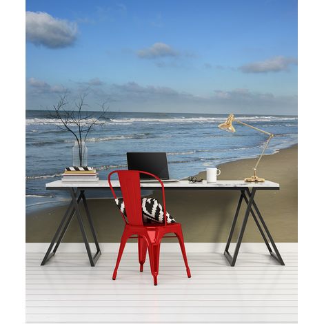 Papier peint intissé bord de mer, 270 cm X 250 cm, plage de sable à marée basse, déco tombe l'oeil, ambiance marin nordique. (1/3)