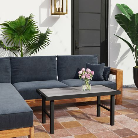 Tavolino da giardino rettangolare con piano in metallo SPC effetto legno, 100 x 52 x 46 cm, nero.