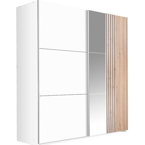 Armadio 2 ante - Con specchio - L203 cm - Bianco e naturale chiaro - ADOSILA