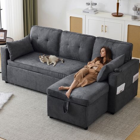 Canapé convertible, 3 Places en Cotton Linen, Canapé d'angle convertible en lit, design moderne, mécanisme rangement et porte-gobelets, réversible - Gris (1/5)