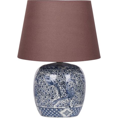 Lampada da tavolo classica con paralume in tessuto di lino marrone base in porcellana bianco e blu 46 cm Neira